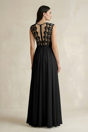 Lace Chiffon A - Line Round Neck Bridesmaid Dress in Black - SHE IS ME Bridesmaid Dresses
