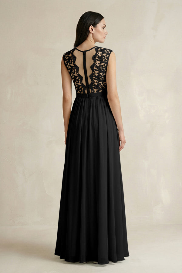 Lace Chiffon A - Line Round Neck Bridesmaid Dress in Black - SHE IS ME Bridesmaid Dresses