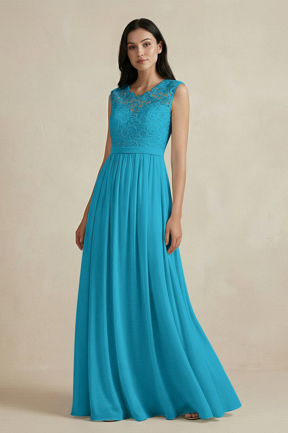 Lace Chiffon A - Line Round Neck Bridesmaid Dress in Blue Jay - KISS BRIDAL Bridesmaid Dresses