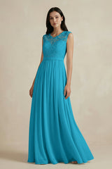 Lace Chiffon A - Line Round Neck Bridesmaid Dress in Blue Jay - KISS BRIDAL Bridesmaid Dresses