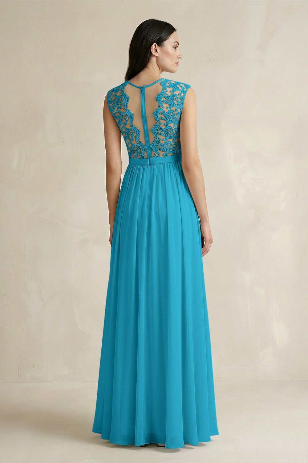 Lace Chiffon A - Line Round Neck Bridesmaid Dress in Blue Jay - KISS BRIDAL Bridesmaid Dresses