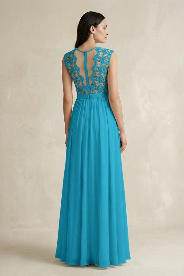Lace Chiffon A - Line Round Neck Bridesmaid Dress in Blue Jay - SHE IS ME Bridesmaid Dresses