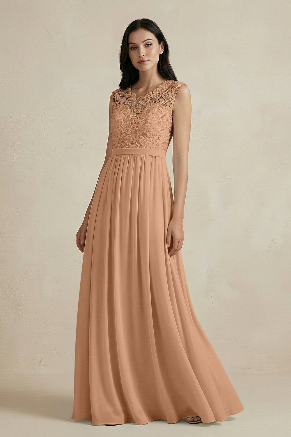 Lace Chiffon A - Line Round Neck Bridesmaid Dress in Bronzer - KISS BRIDAL Bridesmaid Dresses