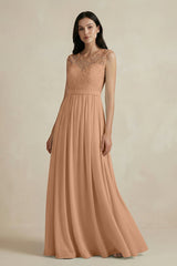 Lace Chiffon A - Line Round Neck Bridesmaid Dress in Bronzer - KISS BRIDAL Bridesmaid Dresses