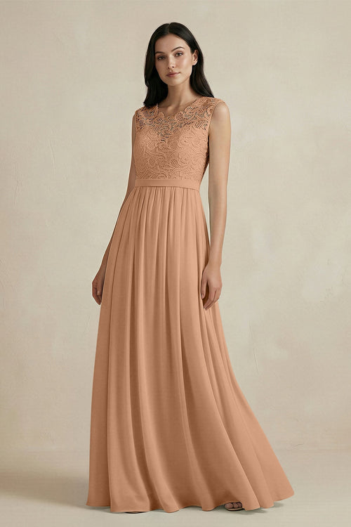 Lace Chiffon A - Line Round Neck Bridesmaid Dress in Bronzer - SHE IS ME Bridesmaid Dresses