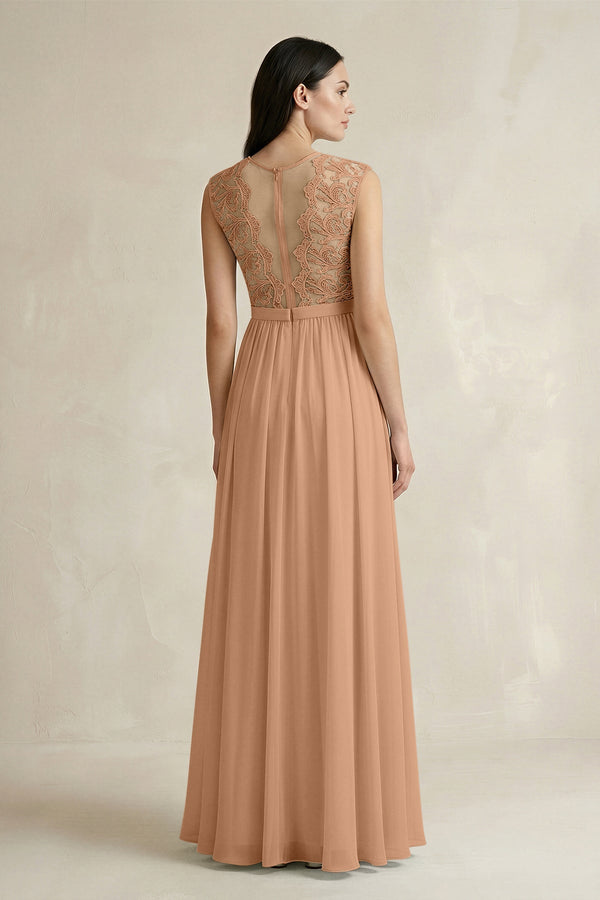 Lace Chiffon A - Line Round Neck Bridesmaid Dress in Bronzer - SHE IS ME Bridesmaid Dresses
