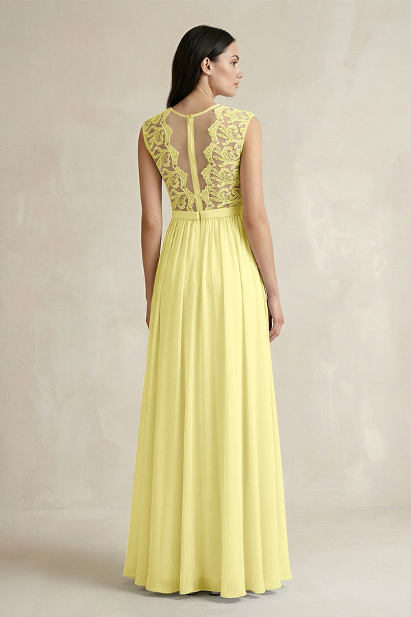 Lace Chiffon A - Line Round Neck Bridesmaid Dress in Buttercup - SHE IS ME Bridesmaid Dresses