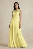 Lace Chiffon A - Line Round Neck Bridesmaid Dress in Buttercup - SHE IS ME Bridesmaid Dresses