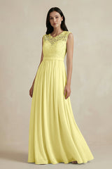 Lace Chiffon A - Line Round Neck Bridesmaid Dress in Buttercup - KISS BRIDAL Bridesmaid Dresses