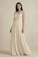 Lace Chiffon A - Line Round Neck Bridesmaid Dress in Champagne - SHE IS ME Bridesmaid Dresses