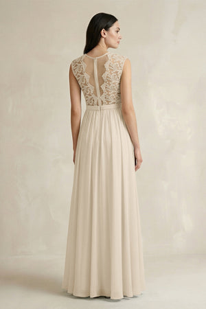 Lace Chiffon A - Line Round Neck Bridesmaid Dress in Champagne - SHE IS ME Bridesmaid Dresses