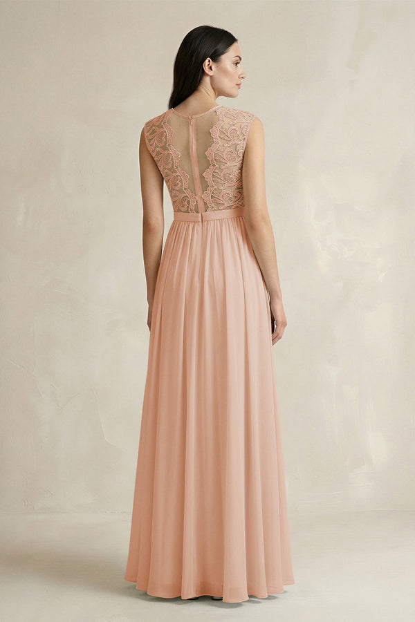 Lace Chiffon A - Line Round Neck Bridesmaid Dress in Champagne Rose - SHE IS ME Bridesmaid Dresses