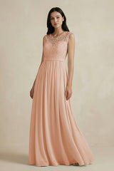 Lace Chiffon A - Line Round Neck Bridesmaid Dress in Champagne Rose - KISS BRIDAL Bridesmaid Dresses