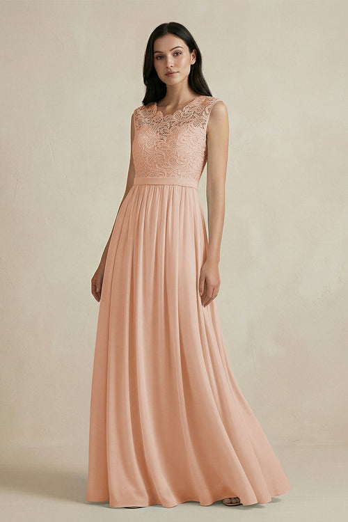 Lace Chiffon A - Line Round Neck Bridesmaid Dress in Champagne Rose - SHE IS ME Bridesmaid Dresses