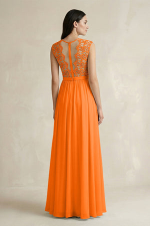 Lace Chiffon A - Line Round Neck Bridesmaid Dress in Cinnamon - SHE IS ME Bridesmaid Dresses
