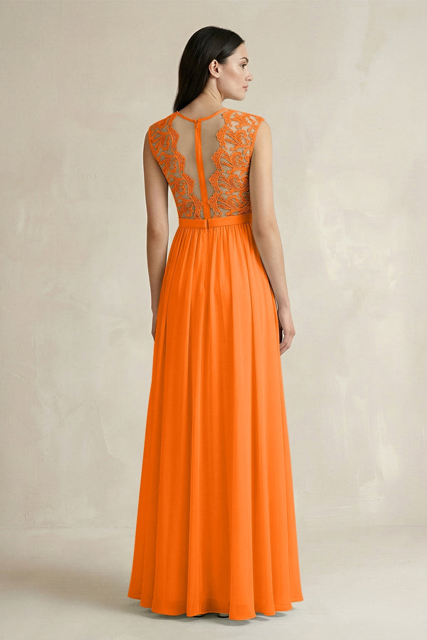 Lace Chiffon A - Line Round Neck Bridesmaid Dress in Cinnamon - SHE IS ME Bridesmaid Dresses