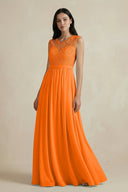 Lace Chiffon A - Line Round Neck Bridesmaid Dress in Cinnamon - SHE IS ME Bridesmaid Dresses
