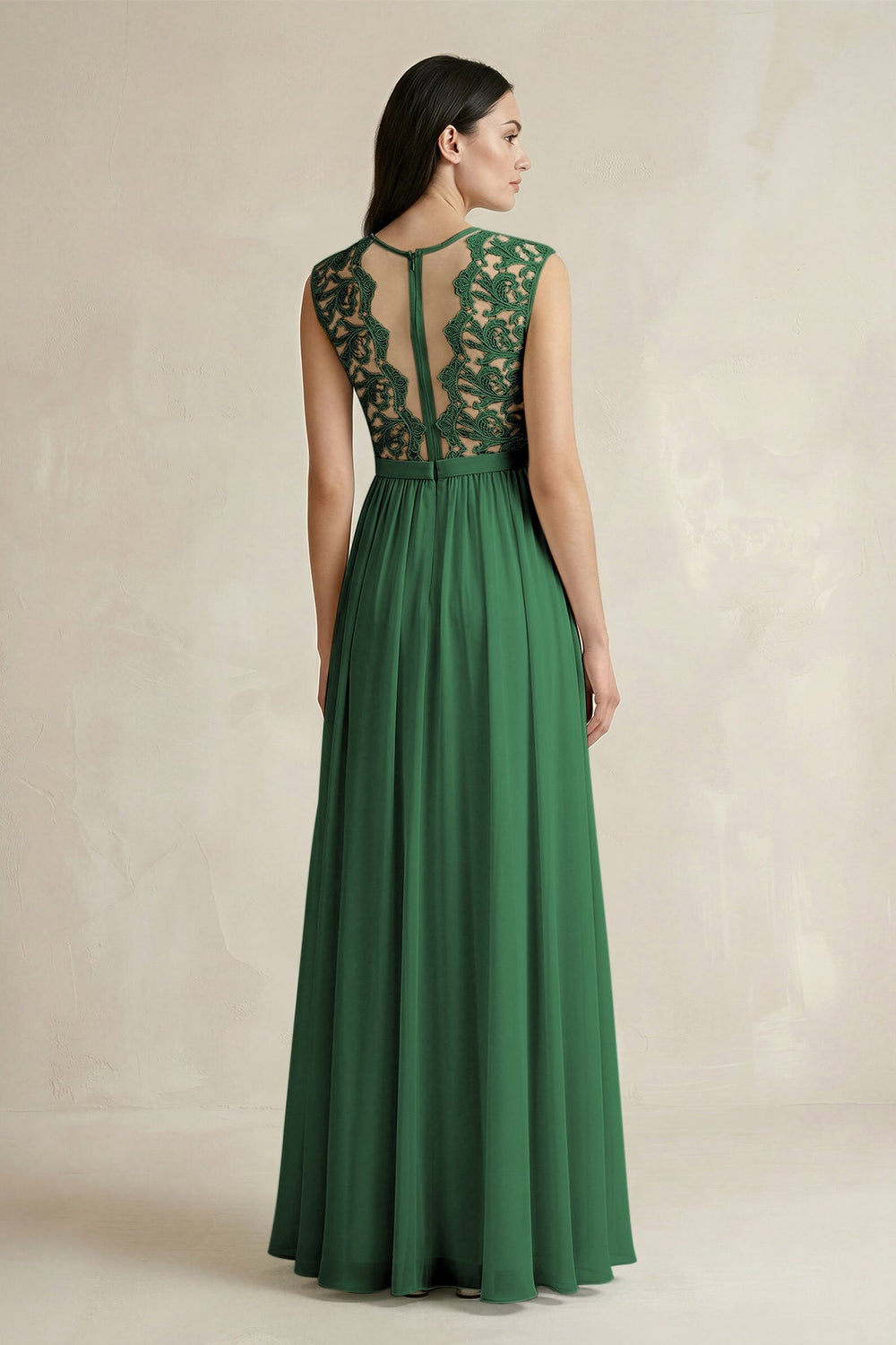 Lace Chiffon A - Line Round Neck Bridesmaid Dress in Dark Green - KISS BRIDAL Bridesmaid Dresses