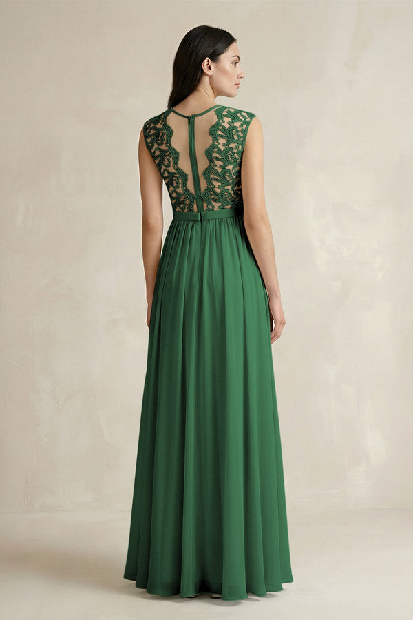 Lace Chiffon A - Line Round Neck Bridesmaid Dress in Dark Green - SHE IS ME Bridesmaid Dresses