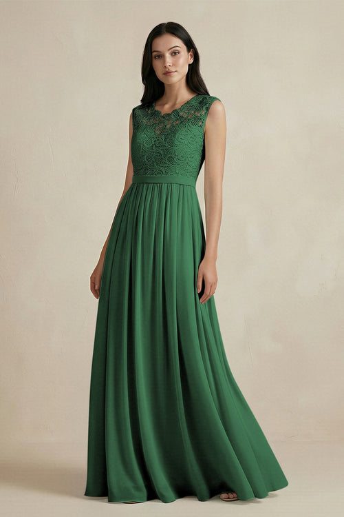 Lace Chiffon A - Line Round Neck Bridesmaid Dress in Dark Green - SHE IS ME Bridesmaid Dresses
