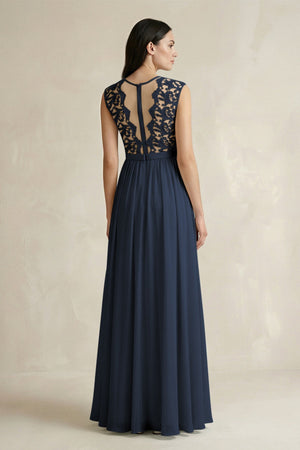 Lace Chiffon A - Line Round Neck Bridesmaid Dress in Dark Navy - SHE IS ME Bridesmaid Dresses