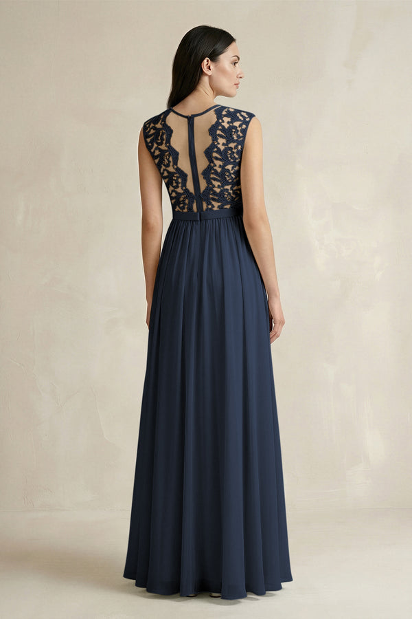 Lace Chiffon A - Line Round Neck Bridesmaid Dress in Dark Navy - SHE IS ME Bridesmaid Dresses