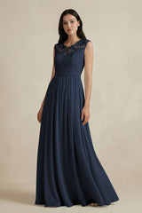 Lace Chiffon A - Line Round Neck Bridesmaid Dress in Dark Navy - KISS BRIDAL Bridesmaid Dresses