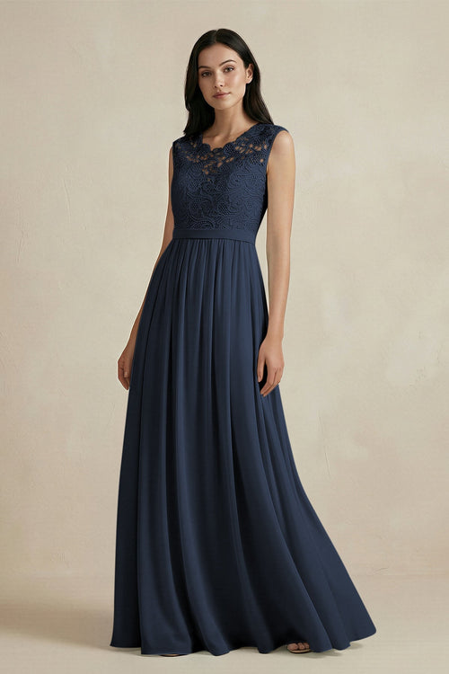 Lace Chiffon A - Line Round Neck Bridesmaid Dress in Dark Navy - SHE IS ME Bridesmaid Dresses