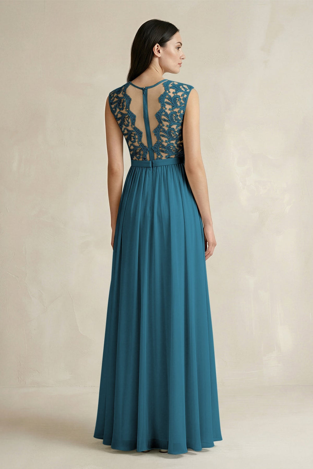 Lace Chiffon A - Line Round Neck Bridesmaid Dress in Dark Teal - KISS BRIDAL Bridesmaid Dresses
