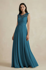 Lace Chiffon A - Line Round Neck Bridesmaid Dress in Dark Teal - KISS BRIDAL Bridesmaid Dresses