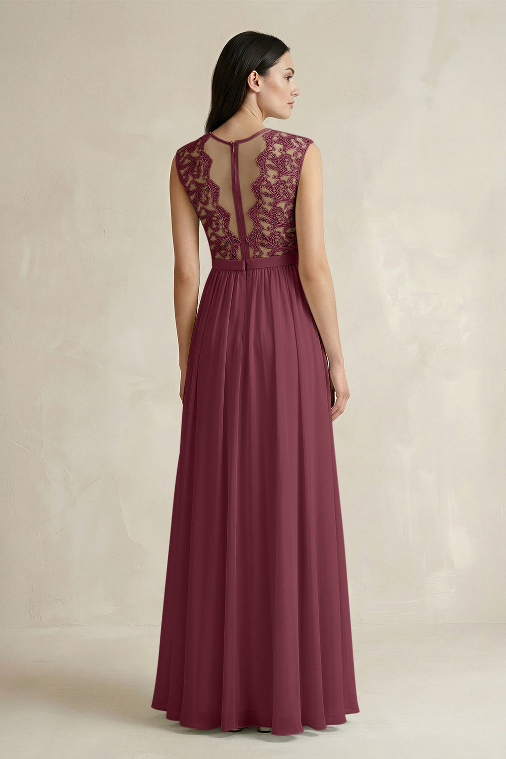 Lace Chiffon A-Line Round Neck Bridesmaid Dress in Desert Rose