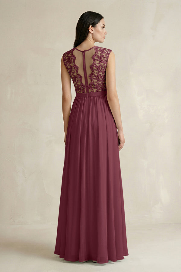 Lace Chiffon A-Line Round Neck Bridesmaid Dress in Desert Rose (2) | KISSBRIDAL