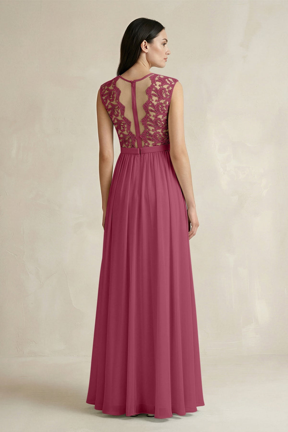 Lace Chiffon A - Line Round Neck Bridesmaid Dress in Desert Rose - KISS BRIDAL Bridesmaid Dresses
