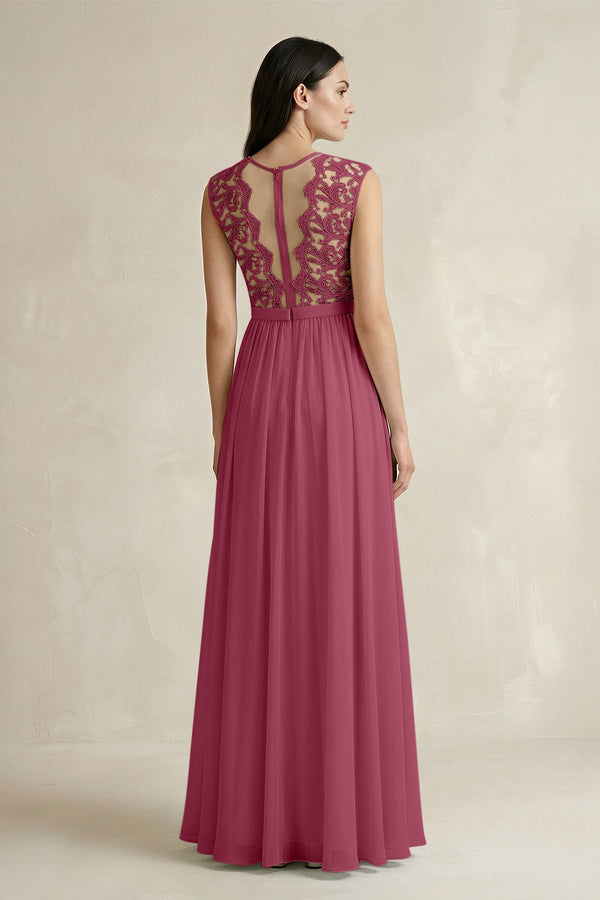 Lace Chiffon A - Line Round Neck Bridesmaid Dress in Desert Rose - SHE IS ME Bridesmaid Dresses