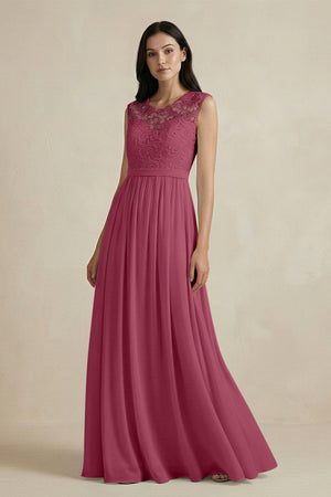 Lace Chiffon A - Line Round Neck Bridesmaid Dress in Desert Rose - SHE IS ME Bridesmaid Dresses