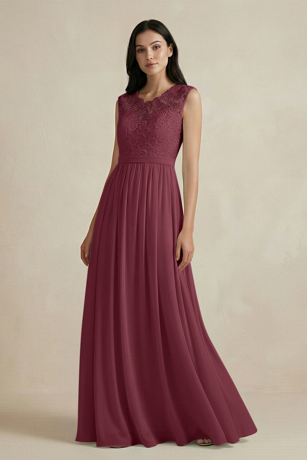 Lace Chiffon A-Line Round Neck Bridesmaid Dress in Desert Rose