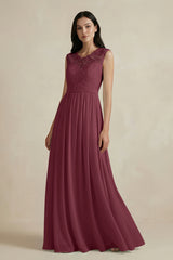 Lace Chiffon A-Line Round Neck Bridesmaid Dress in Desert Rose | KISSBRIDAL