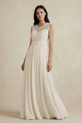 Lace Chiffon A - Line Round Neck Bridesmaid Dress in Dove Gray - KISS BRIDAL Bridesmaid Dresses