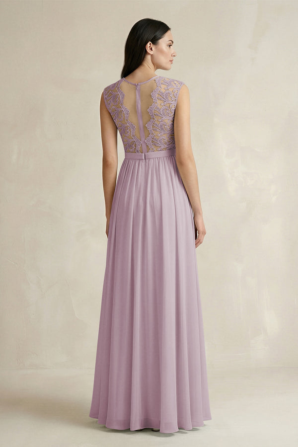 Lace Chiffon A - Line Round Neck Bridesmaid Dress in Dusk - SHE IS ME Bridesmaid Dresses
