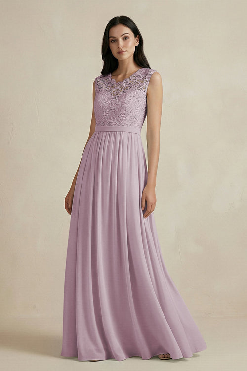 Lace Chiffon A - Line Round Neck Bridesmaid Dress in Dusk - SHE IS ME Bridesmaid Dresses