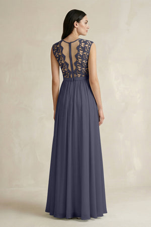 Lace Chiffon A - Line Round Neck Bridesmaid Dress in Dusk Blue - SHE IS ME Bridesmaid Dresses