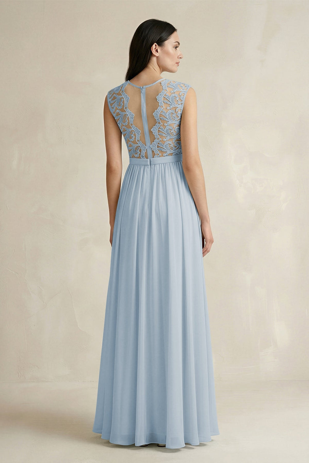 Lace Chiffon A - Line Round Neck Bridesmaid Dress in Dusty Blue - KISS BRIDAL Bridesmaid Dresses