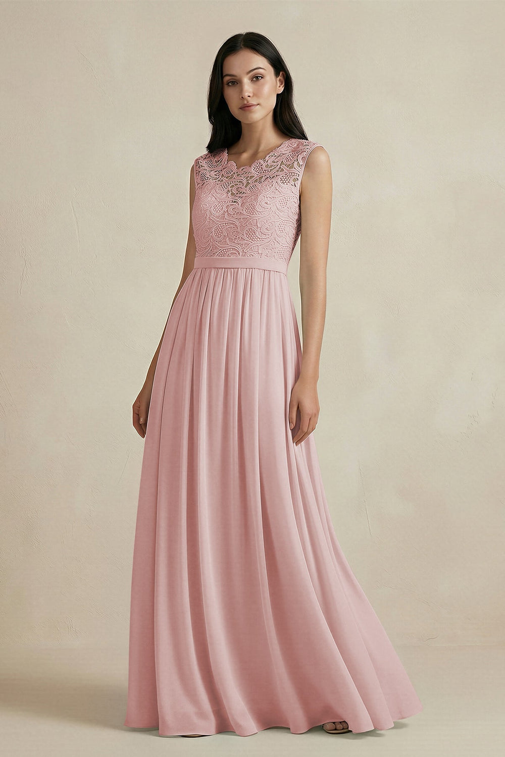 Lace Chiffon A - Line Round Neck Bridesmaid Dress in Dusty Rose - KISS BRIDAL Bridesmaid Dresses