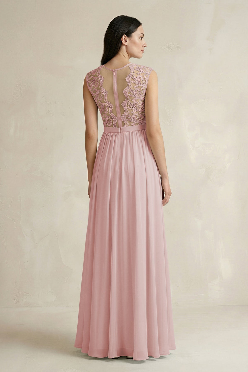 Lace Chiffon A - Line Round Neck Bridesmaid Dress in Dusty Rose - KISS BRIDAL Bridesmaid Dresses