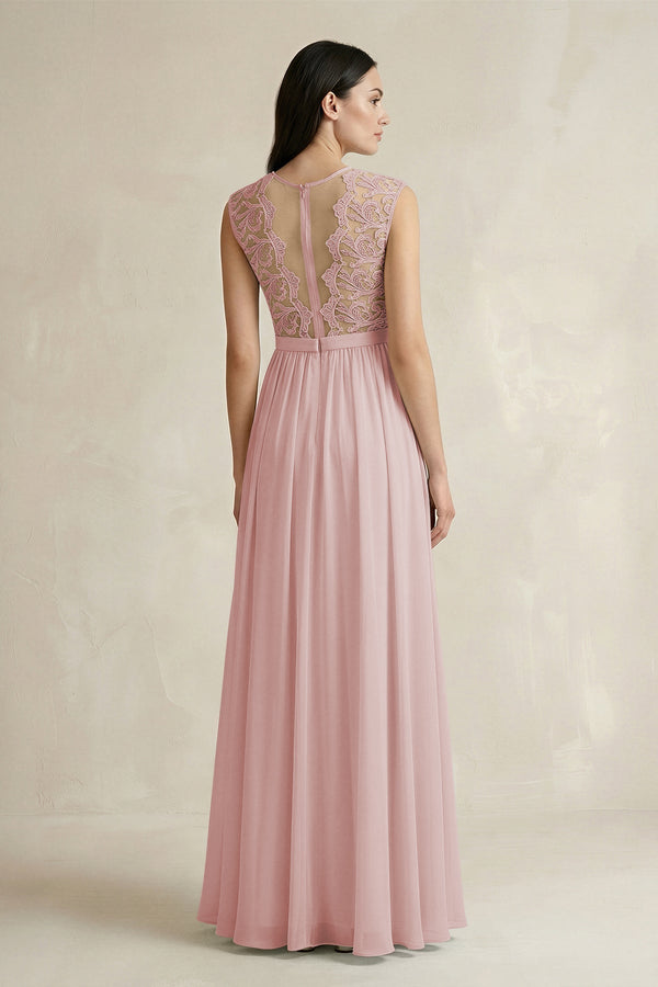 Lace Chiffon A - Line Round Neck Bridesmaid Dress in Dusty Rose - SHE IS ME Bridesmaid Dresses