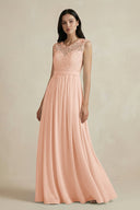 Lace Chiffon A - Line Round Neck Bridesmaid Dress in English Rose - SHE IS ME Bridesmaid Dresses