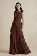 Lace Chiffon A - Line Round Neck Bridesmaid Dress in Espresso - SHE IS ME Bridesmaid Dresses