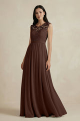 Lace Chiffon A - Line Round Neck Bridesmaid Dress in Espresso - KISS BRIDAL Bridesmaid Dresses