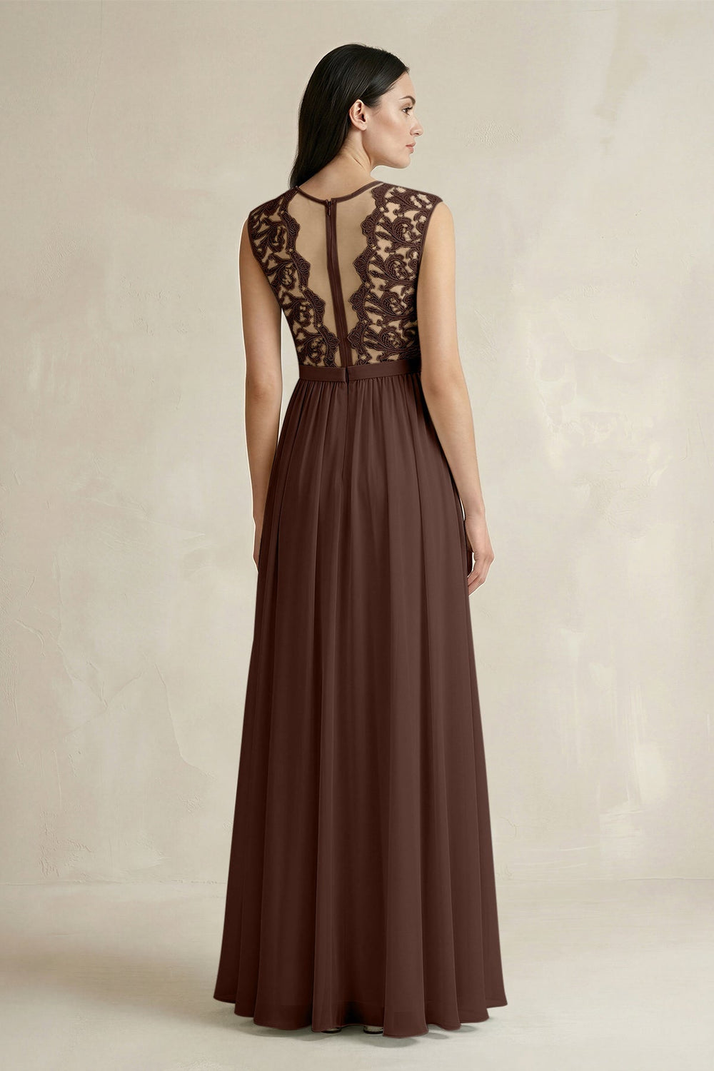 Lace Chiffon A - Line Round Neck Bridesmaid Dress in Espresso - KISS BRIDAL Bridesmaid Dresses