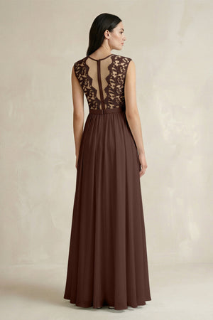 Lace Chiffon A - Line Round Neck Bridesmaid Dress in Espresso - SHE IS ME Bridesmaid Dresses